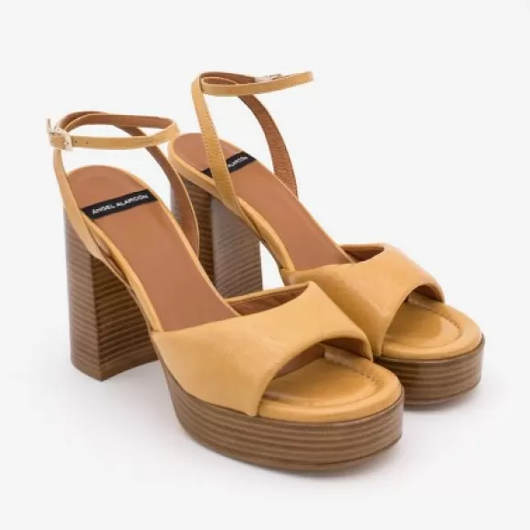 Shop Ángel Alarcón Esmar - Shiny Leather Padded Ankle Strap Sandal With Wide Heel And Platform